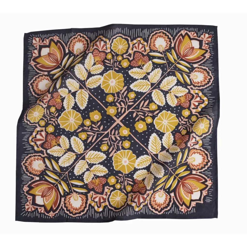 Floral Silk Scarf 22x22 inches designed with yellow flowers and navy accents