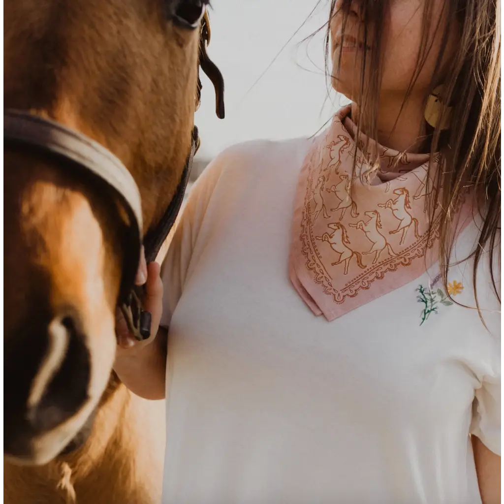 Light Pink Horse Pattern Bandana 22x22 inches styled as a neckerchief with a white shirt