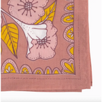 Evangeline Silk Scarf features a pink floral bandana with yellow leaf accents