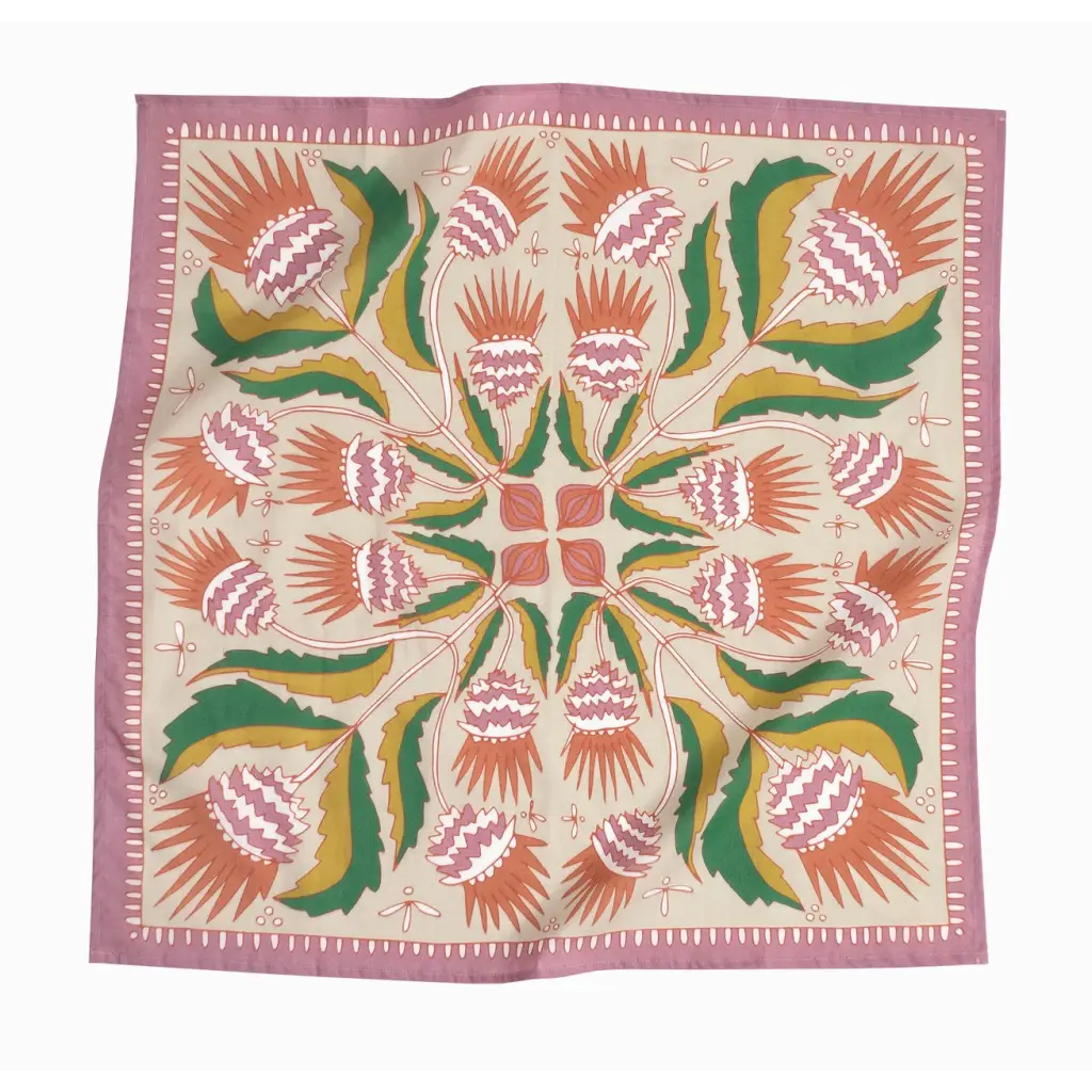 Martha Bandana featuring a bright Hawaiian-style quilt floral design with polished prints