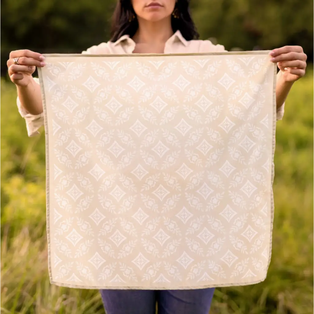 White cotton shawl with geometric embroidery for the Elena Bandana in Polished Prints