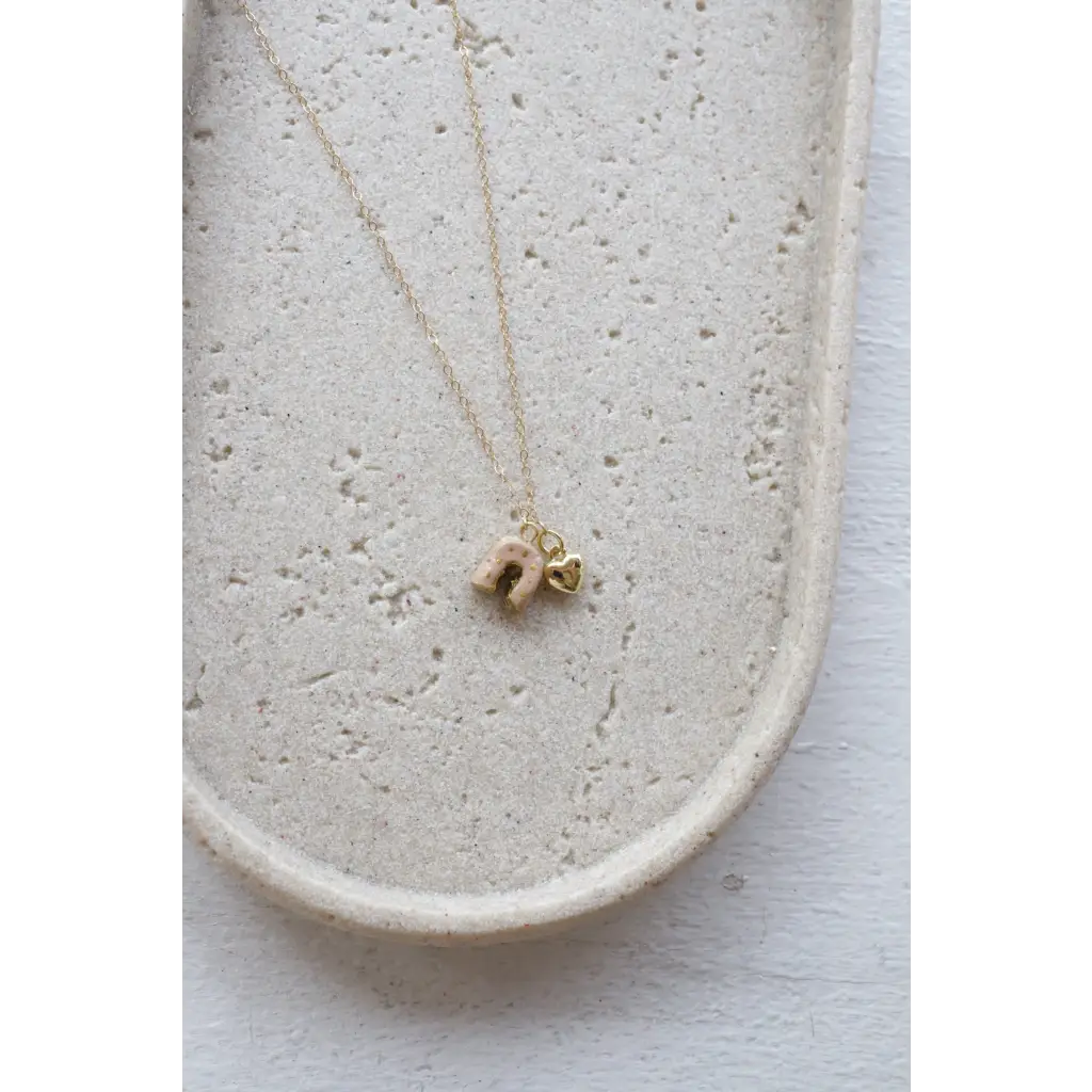 Gold chain necklace with horseshoe and heart clay charms from No. 12 Lucky Girl necklace