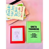 Colorful books, including No One Is Too Small to Make a Difference by Greta Thunberg