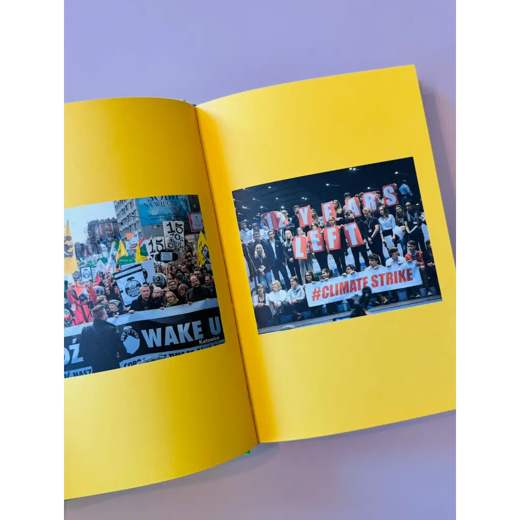 Open yellow journal featuring protest photos from Greta Thunberg’s speeches made