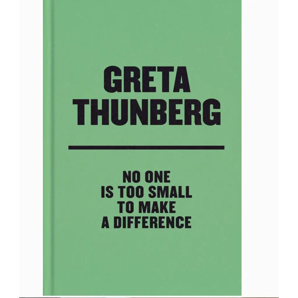 Green book cover with a quote from Greta Thunberg about making a difference