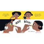 Yellow black striped beep nose toy in Nose, Toes, and Tummy Book by Sally Nicholls