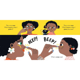 Yellow black striped beep nose toy in Nose, Toes, and Tummy Book by Sally Nicholls