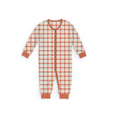 Cute Plaid Bamboo Baby Sleeper in classic plaid pattern with orange trim and bow details