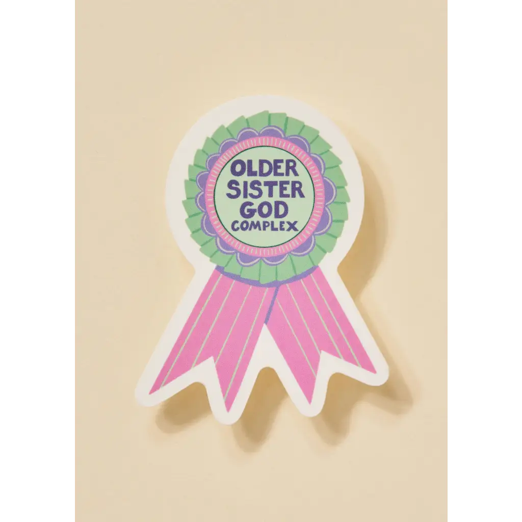 Colorful ribbon-shaped sticker with older sister god complex design for god complex award