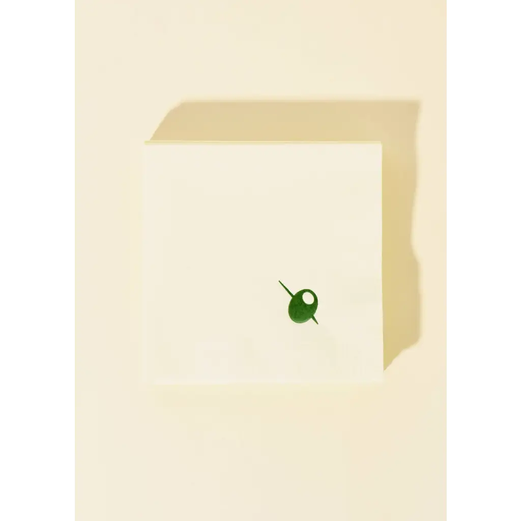 White square cocktail napkins with green olive design from Olive Cocktail Napkins set