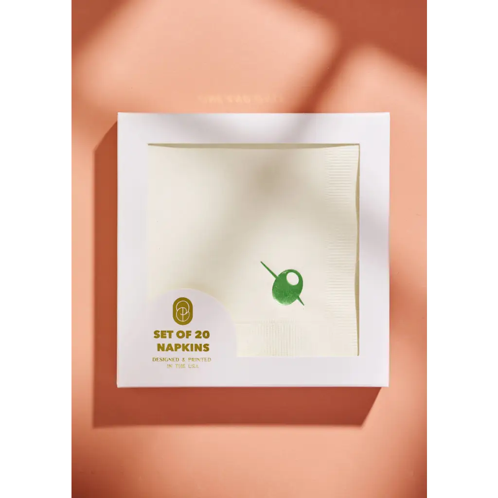 Set of 20 stylish cocktail napkins with olive design and polished prints