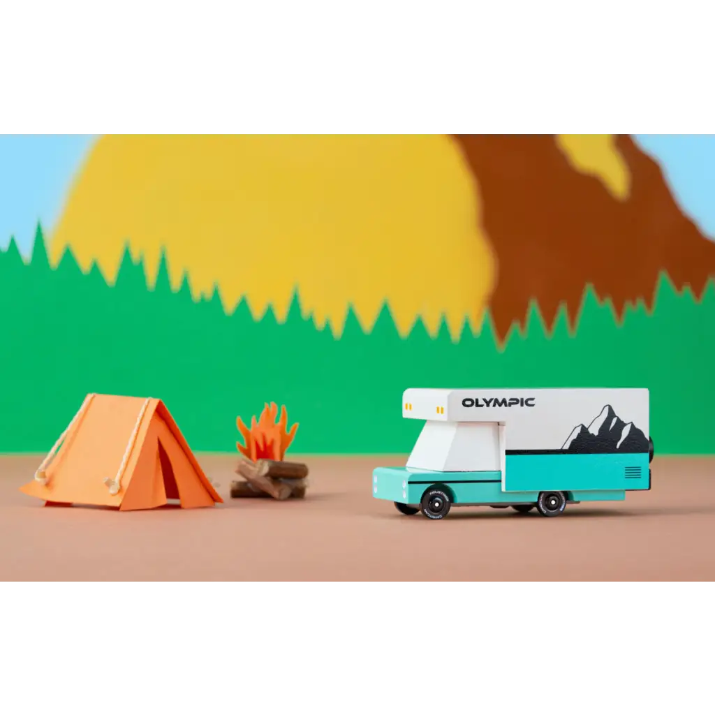 Turquoise Olympic RV toy car in solid beech wood with a tent and campfire scene