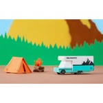 Turquoise Olympic RV toy car in solid beech wood with a tent and campfire scene