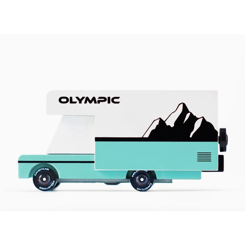 Turquoise Olympic RV toy car made of solid beech wood with mountain peak design