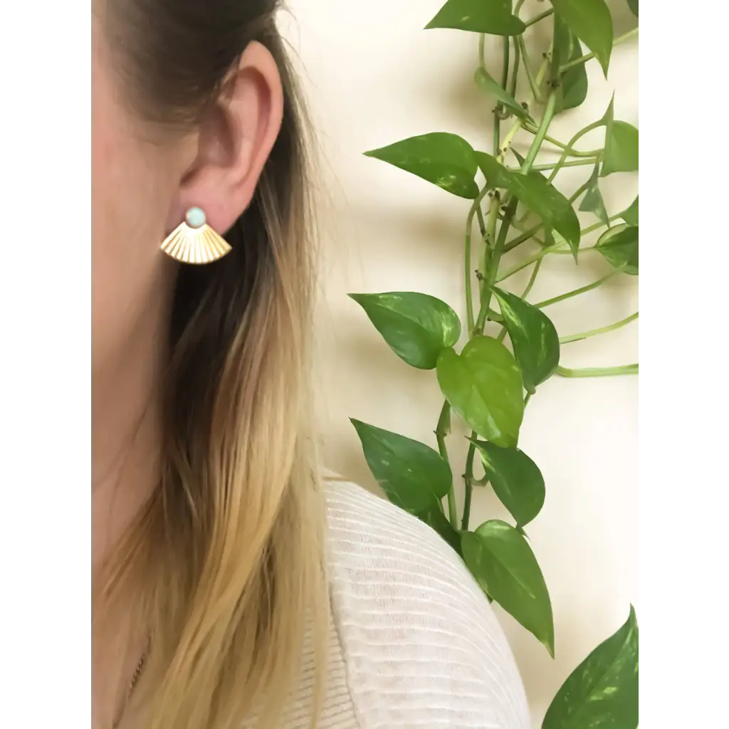 Gold fan-shaped Michelle Starbuck earrings with pearl detail