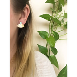 Gold fan-shaped Michelle Starbuck earrings with pearl detail