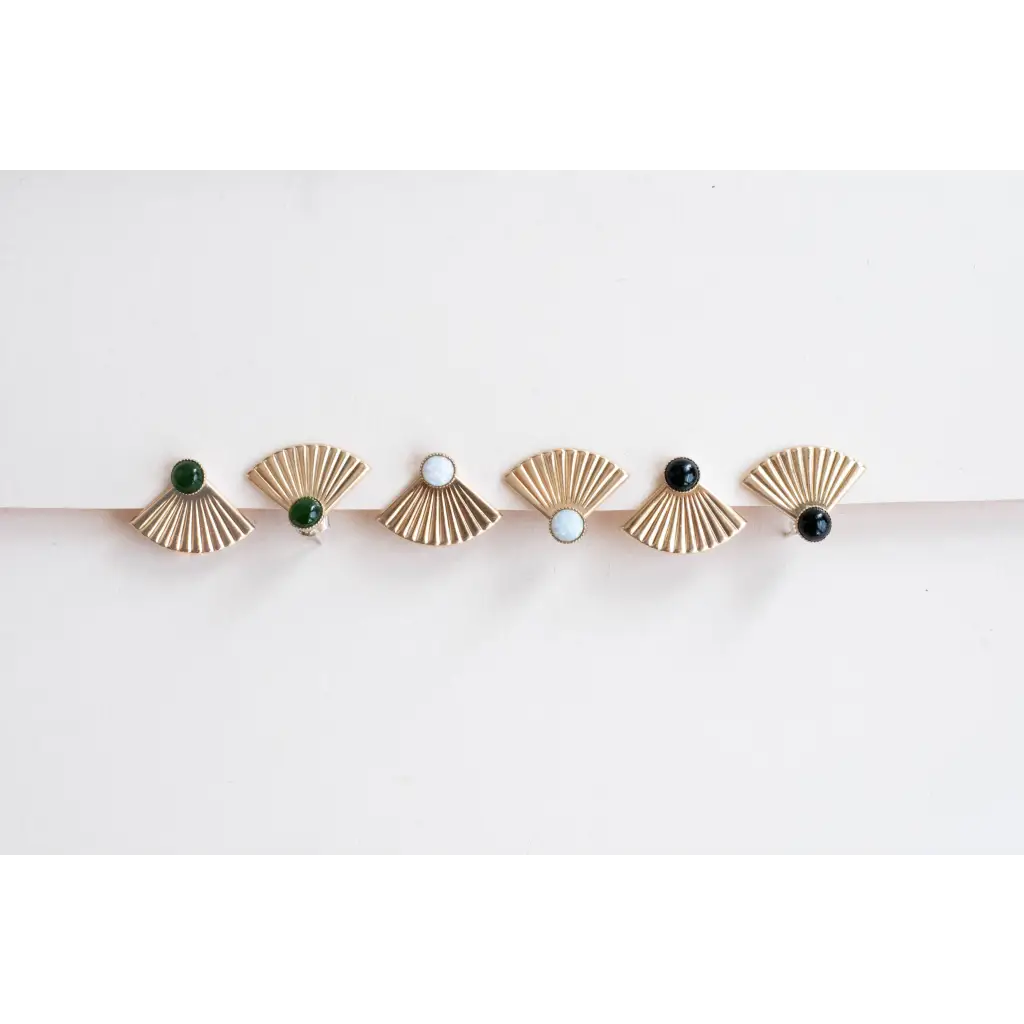 Michelle Starbuck gold fan earrings with black green beads