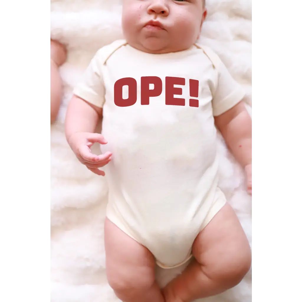 Organic cotton baby onesie with polished prints and OPE! text from Ope Midwest
