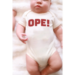 Organic cotton baby onesie with polished prints and OPE! text from Ope Midwest