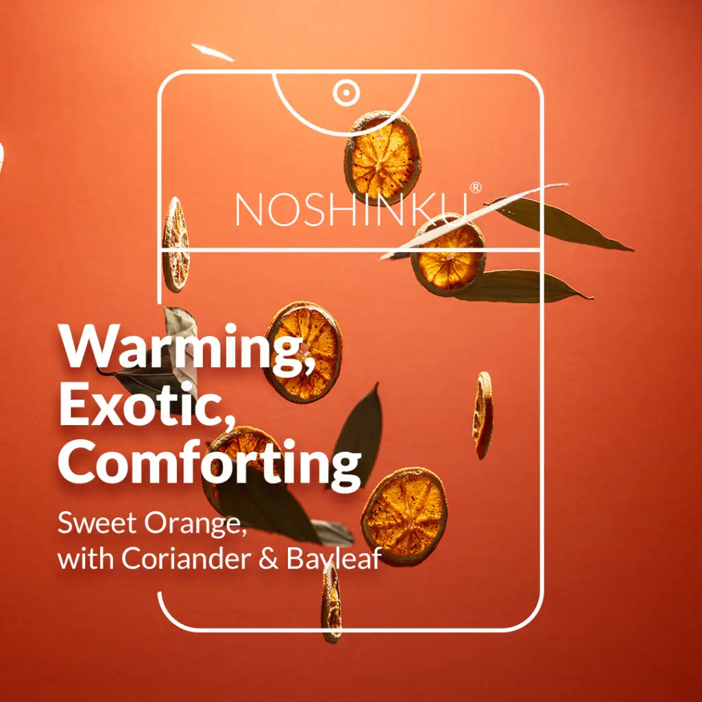 Noshinku Orange Coriander hand sanitizer with organic sugarcane and polished prints