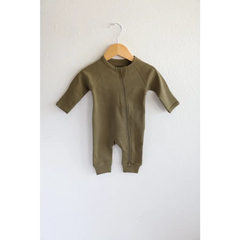 Olive green cotton baby zipper romper on wooden hanger for organic cotton kidswear