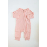 Pink zip-up baby romper in organic cotton, perfect for cozy sleep in earthy colors