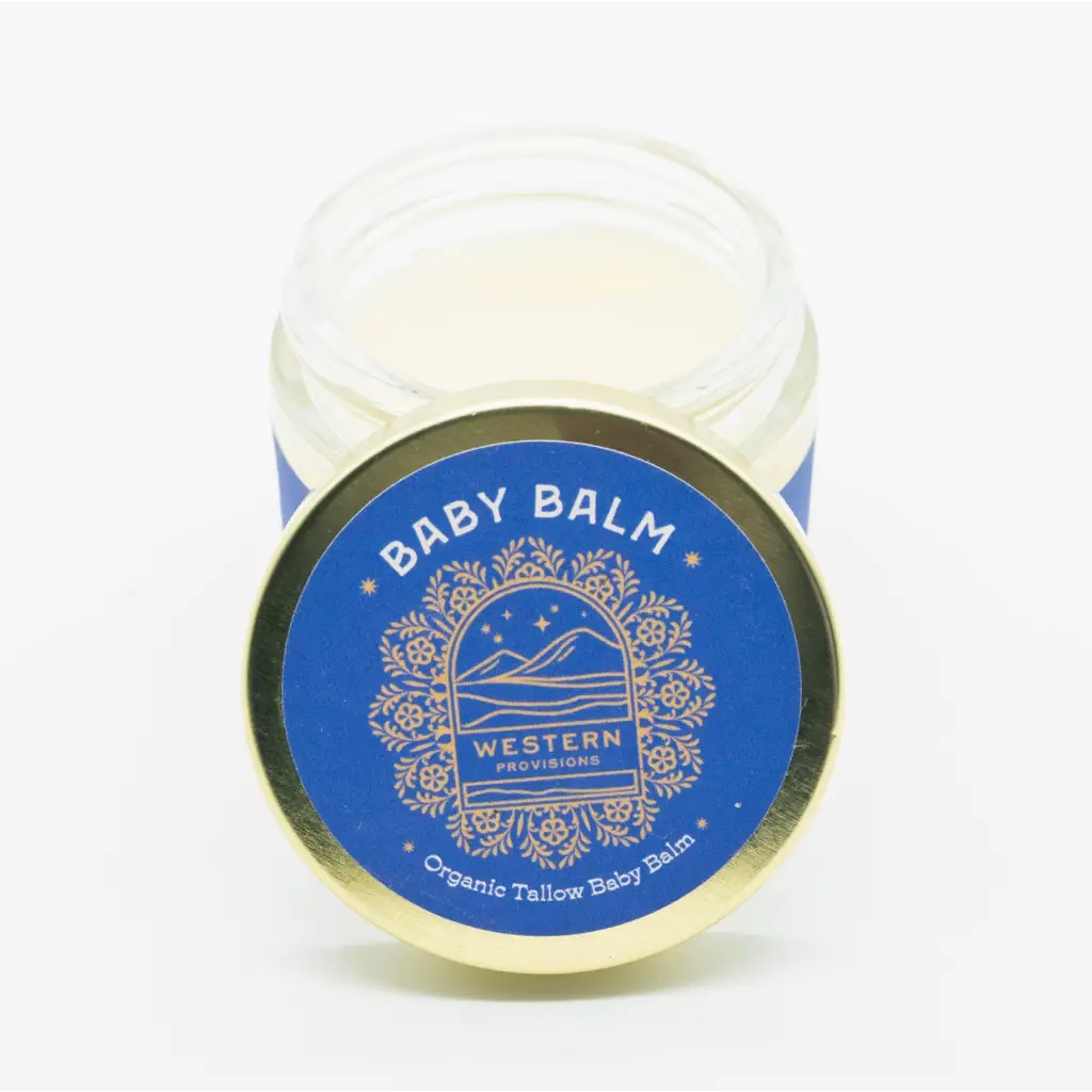 Open jar of Organic Tallow Baby Balm by Western Provisions with whipped tallow and pasture raised beef tallow