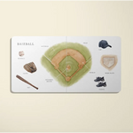 Open big book of sports with baseball terms and equipment for speech therapy fun