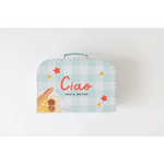 Light blue decorative suitcase for Pasta Shop Play Kit with Ciao Pasta Bistro text