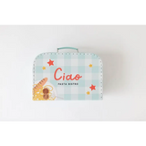 Light blue decorative suitcase for Pasta Shop Play Kit with Ciao Pasta Bistro text