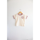 Cream Peace Embroidered Ringer Tee for Kids on a hanger, perfect everyday ringer