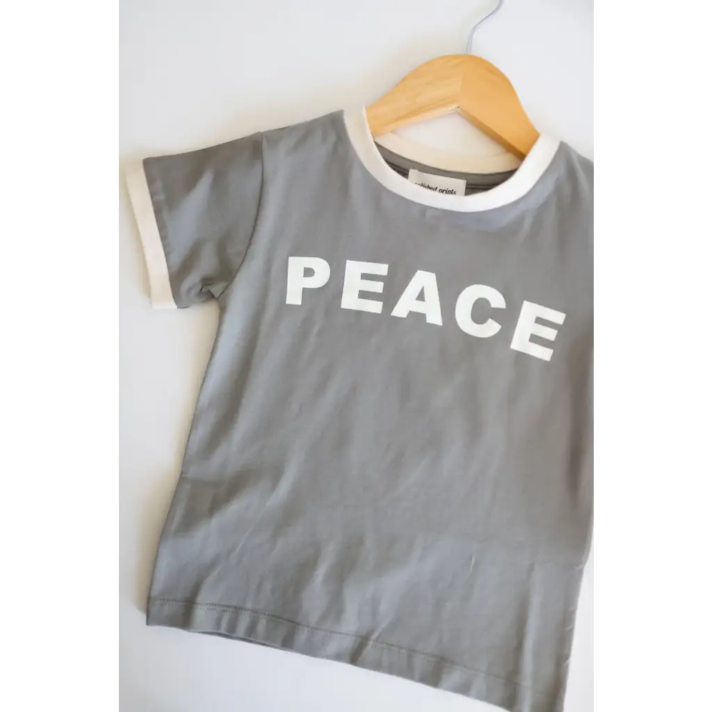 Gray Everyday Ringer Tee for Kids with white PEACE text and trim in organic cotton