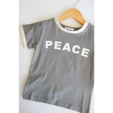 Gray Everyday Ringer Tee for Kids with white PEACE text and trim in organic cotton