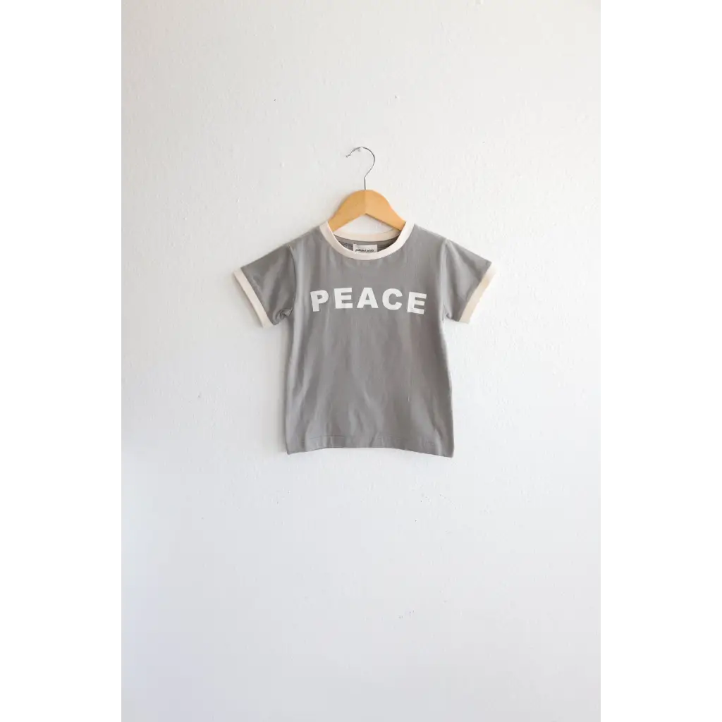 Gray Everyday Ringer Tee for Kids with PEACE text in white, made from organic cotton