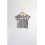 Gray Everyday Ringer Tee for Kids with PEACE text in white, made from organic cotton