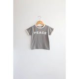 Gray Everyday Ringer Tee for Kids with PEACE text in white, made from organic cotton