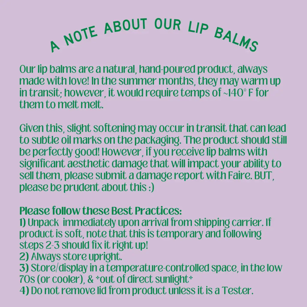 Peach Organic Lip Balm back with lavender care instructions on polished prints