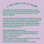 Peach Organic Lip Balm back with lavender care instructions on polished prints