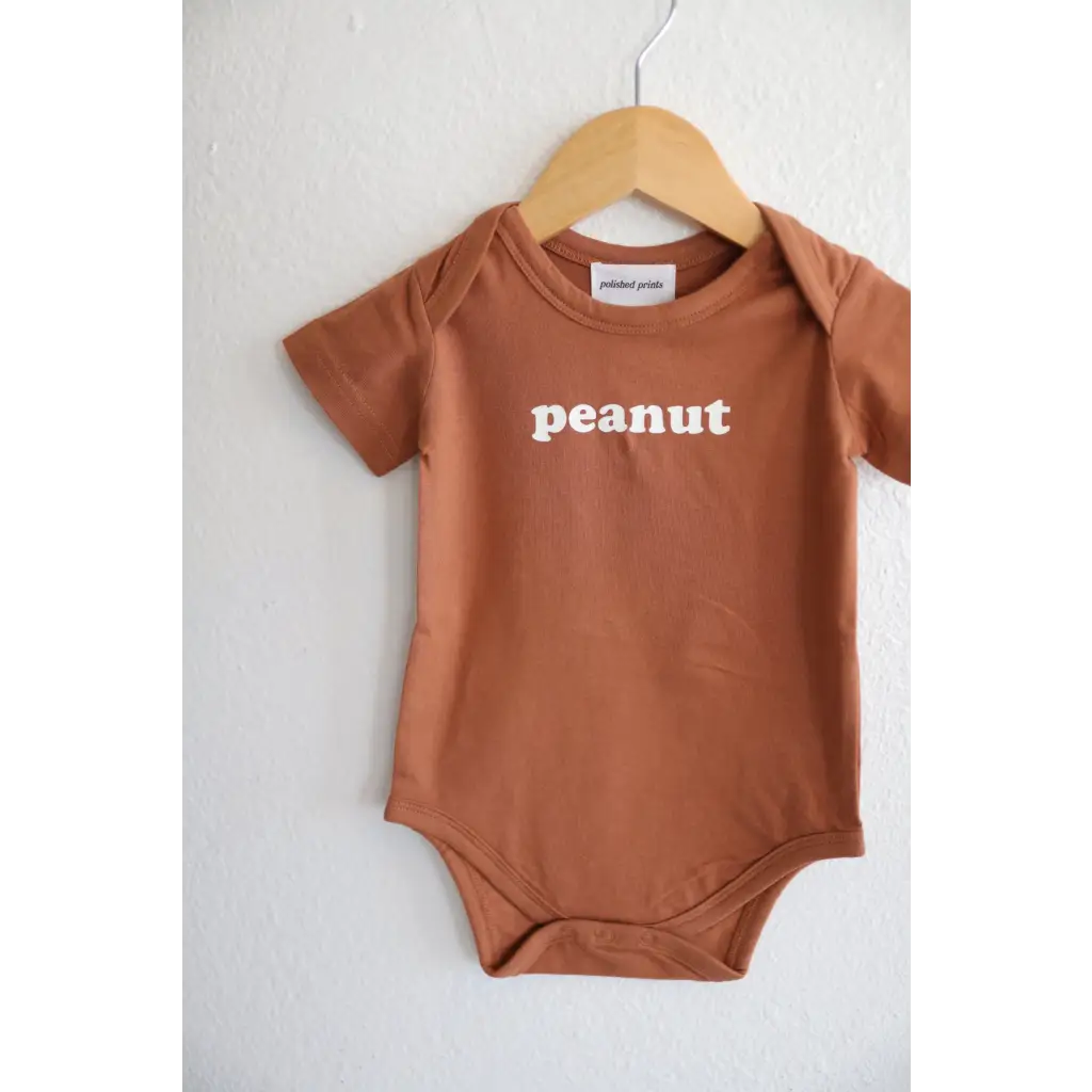 Brown Peanut Organic Cotton Baby Onesie for 3mo fits closer with white text