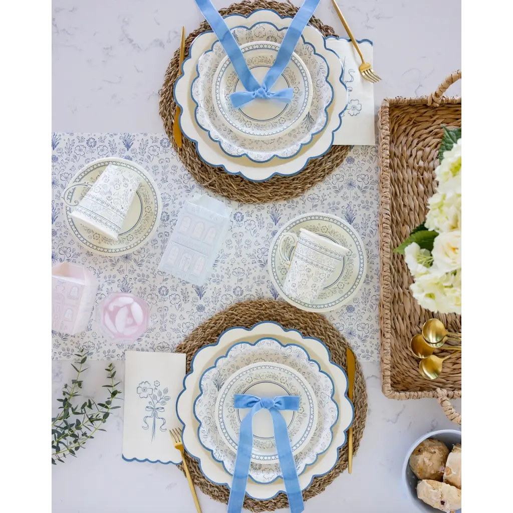 Elegant Pembroke Floral Paper Table Runner with stylish blue accents for any occasion