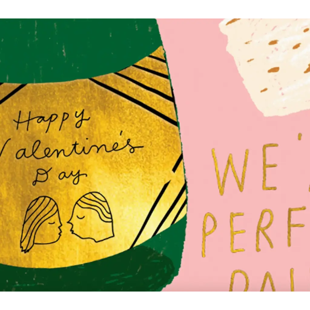 Valentine’s note card featuring kiss drawing with gold green accents for polished prints