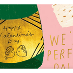 Valentine’s note card featuring kiss drawing with gold green accents for polished prints