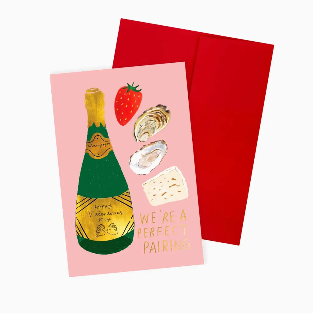 Valentine’s Note Card with champagne, strawberries, oysters, and a chic red envelope