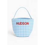 Personalized light blue gingham fabric bucket with handle, perfect for stylish womens clothes