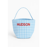 Personalized light blue gingham fabric bucket with handle, perfect for stylish womens clothes