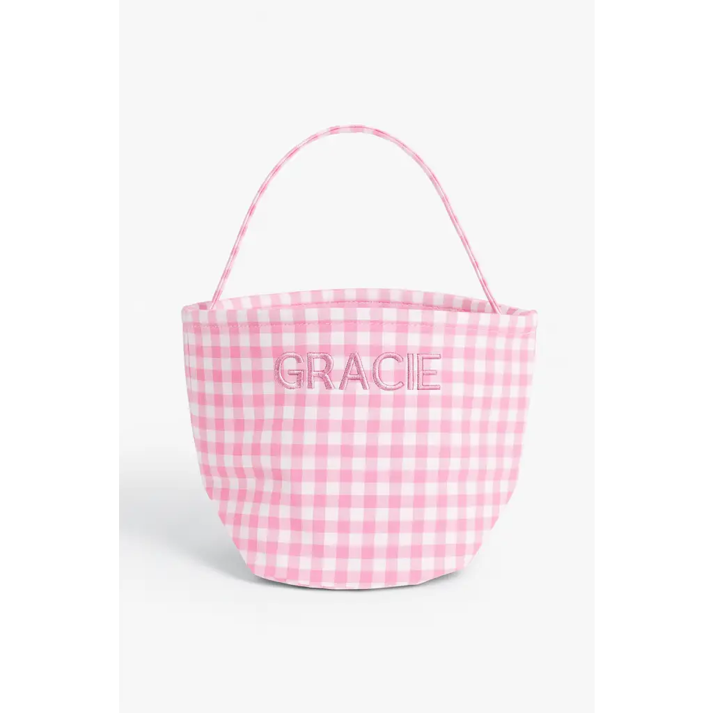 Pink and white gingham fabric basket with handle for stylish womens clothes or clothes for moms