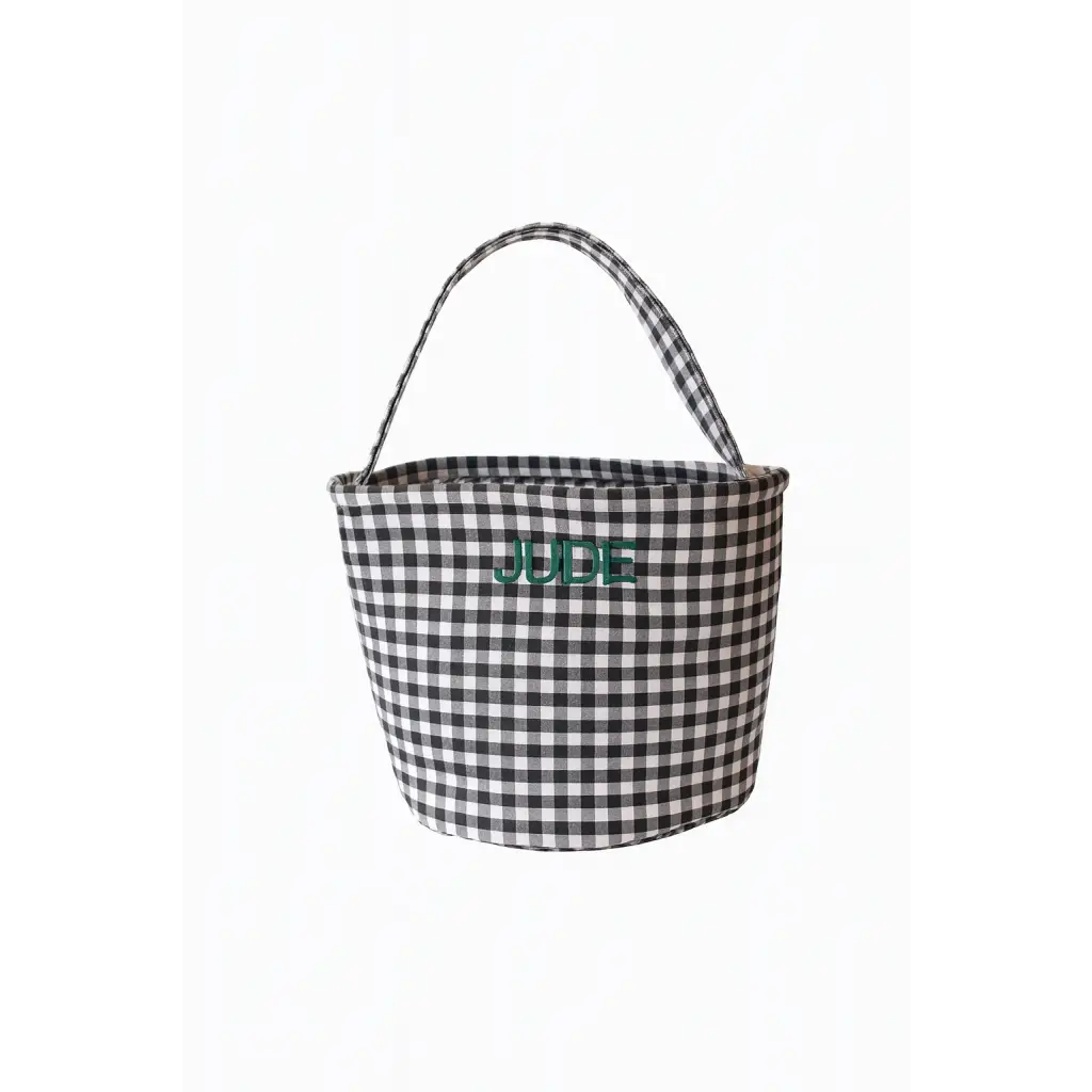 Black and white gingham fabric bucket bag with handle, perfect for stylish womens clothes