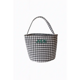 Black and white gingham fabric bucket bag with handle, perfect for stylish womens clothes