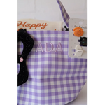 Purple and white gingham tote bag with embroidered name, perfect for stylish womens clothes