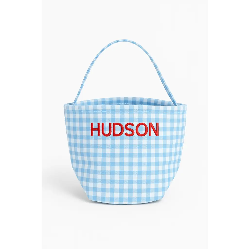 Light blue gingham bucket bag with top handle from Personalized Boo Basket, perfect for boo baskets